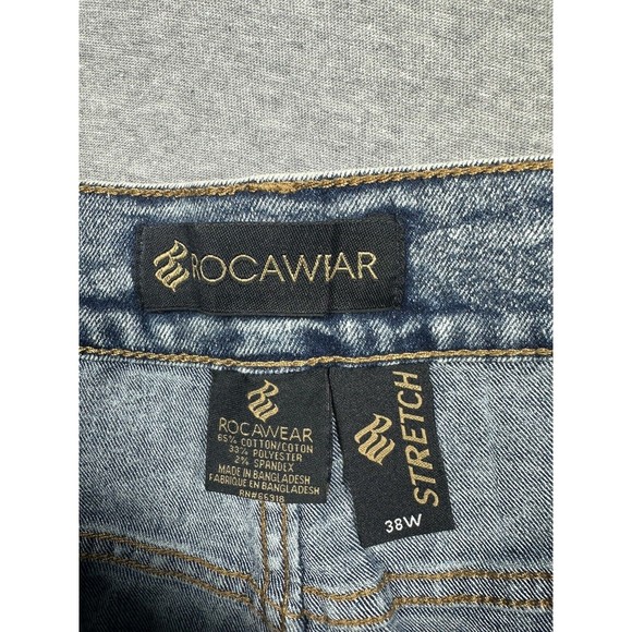 Rocawear Distressed Moto Jean Shorts Mens Size 38 STRETCH Slim Blue Y2k Grunge - Picture 2 of 6